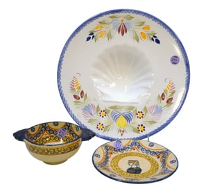 RARE QUIMPER DISH, LUG BOWL, AND SAUCER
