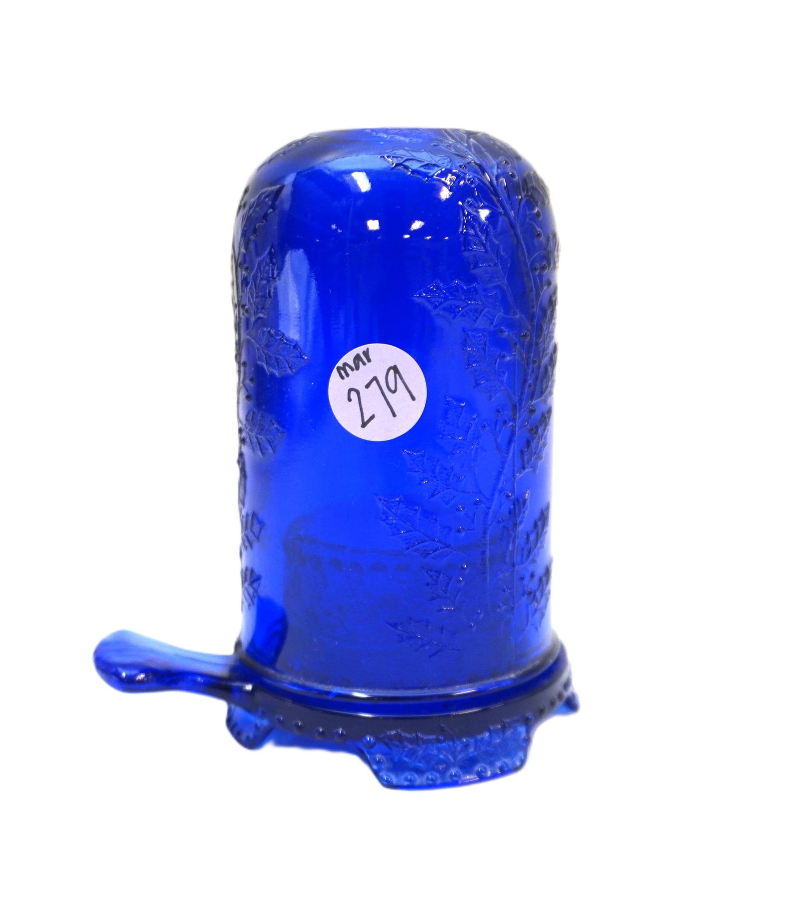 VINTAGE MOSSER COBALT GLASS FAIRY LAMP: Vintage Mosser Cobalt Glass Fairy Lamp in Holly Berry Pattern with Handled Base. Measures 5.25" x 4.25" x 3.25" and weighs 1 lb 3 oz.