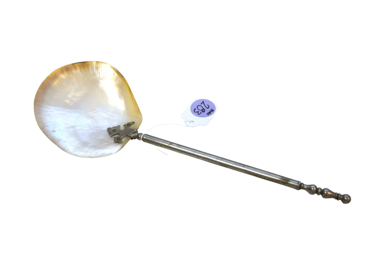 ANTIQUE ABALONE CAVIAR SERVING SPOON: Antique Abalone Caviar Serving Spoon with Ornate Metal Handle. Measures 9" x 3" and weighs 1.4 oz.
