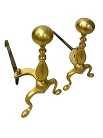 PAIR OF BRASS CANNONBALL FEDERAL STYLE ANDIRONS