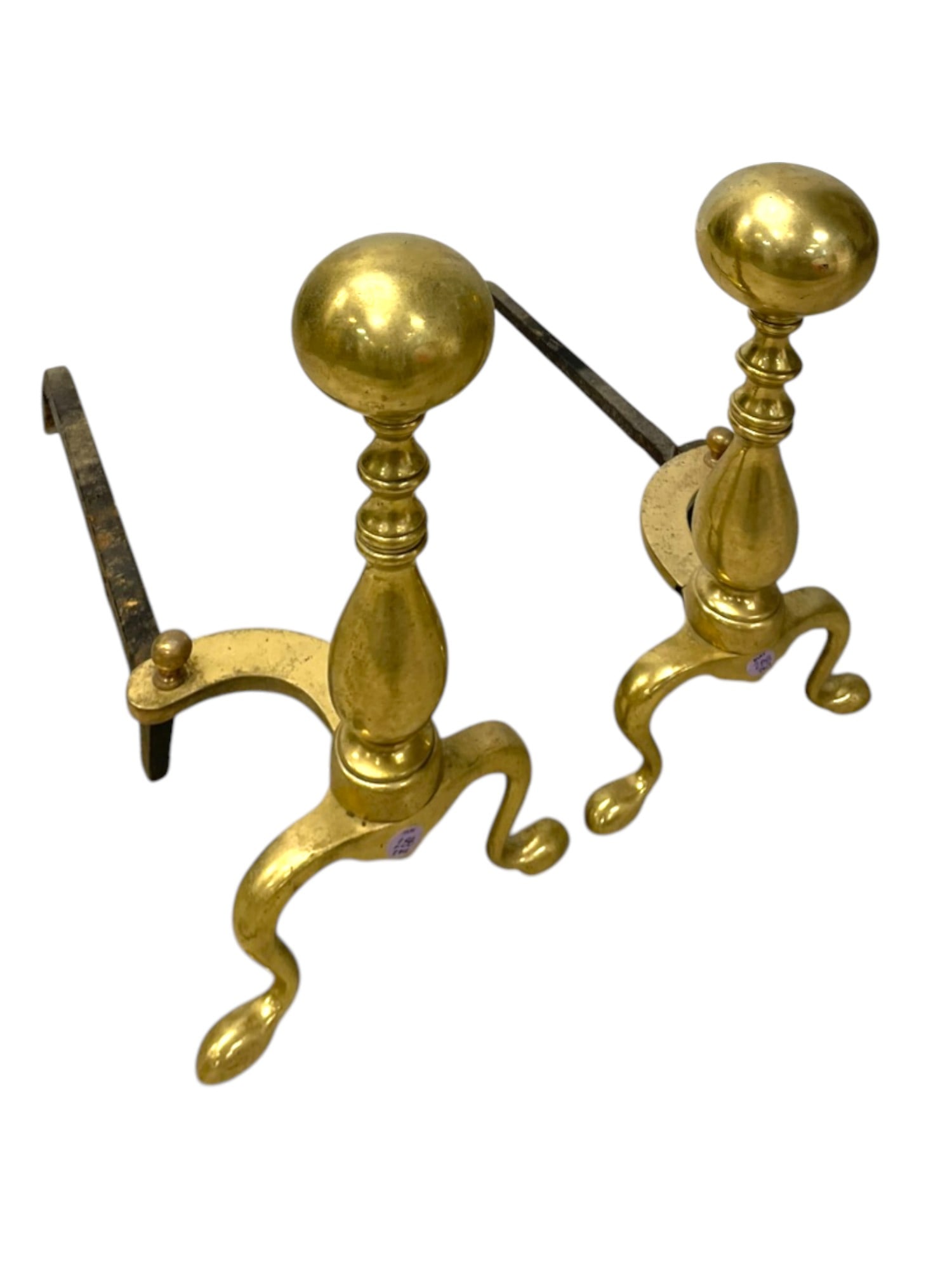 PAIR OF BRASS CANNONBALL FEDERAL STYLE ANDIRONS (1 of 2)