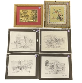 6 pc CASTLE PRINTS, SILK EMBROIDERY, GOLD FOIL ETCHING