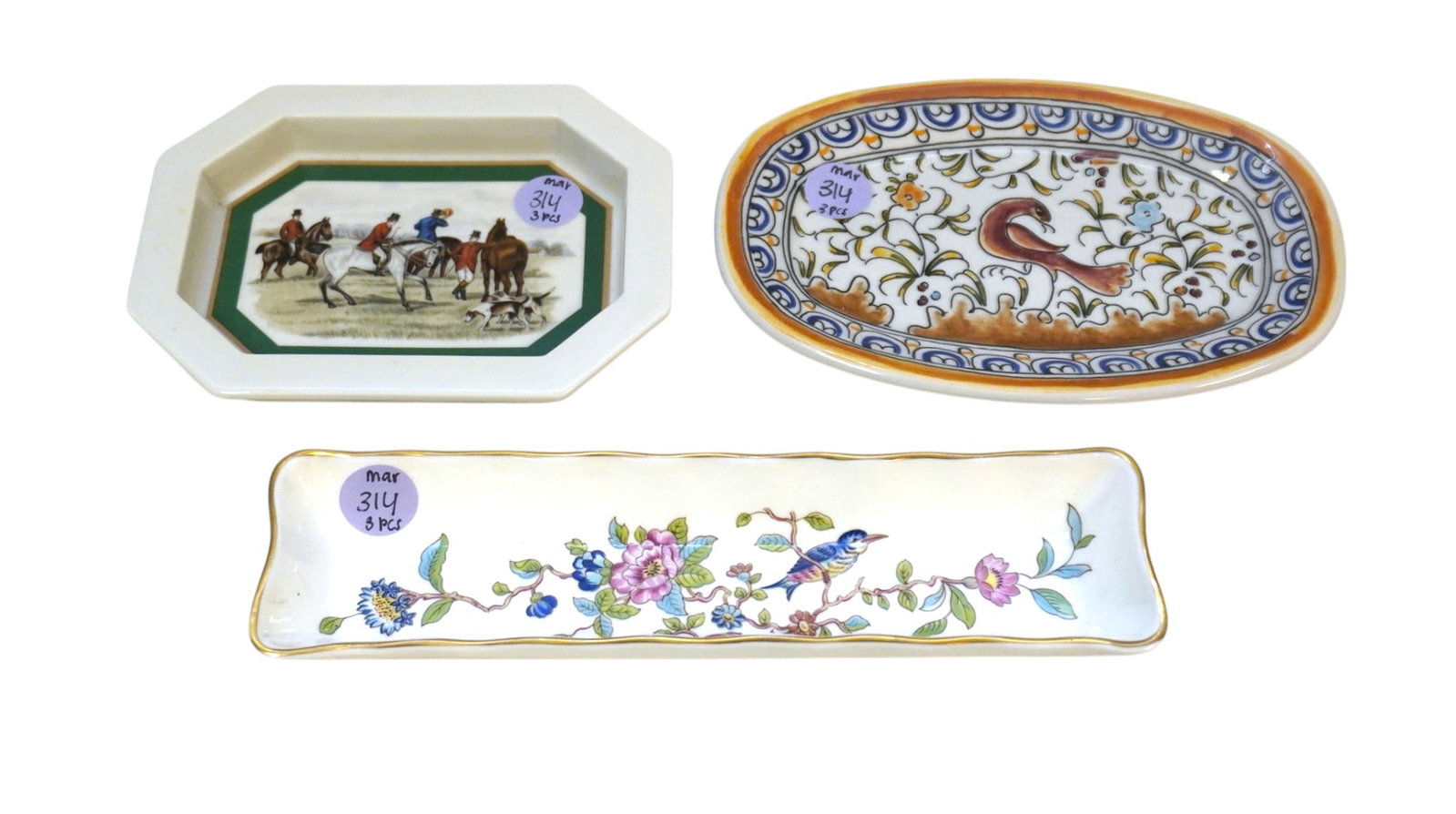 3 MISC. VINTAGE TRINKET DISHES: This lot includes 1) Aynsley Bone China Pembroke Bone China, measures 8.25" x 2" x 1" 2) Portugal Hand Painted Bird Dish, measures 6.75" x 4.5" 3) Southern Heirlooms for Elizabeth Arden, measures 5.5"