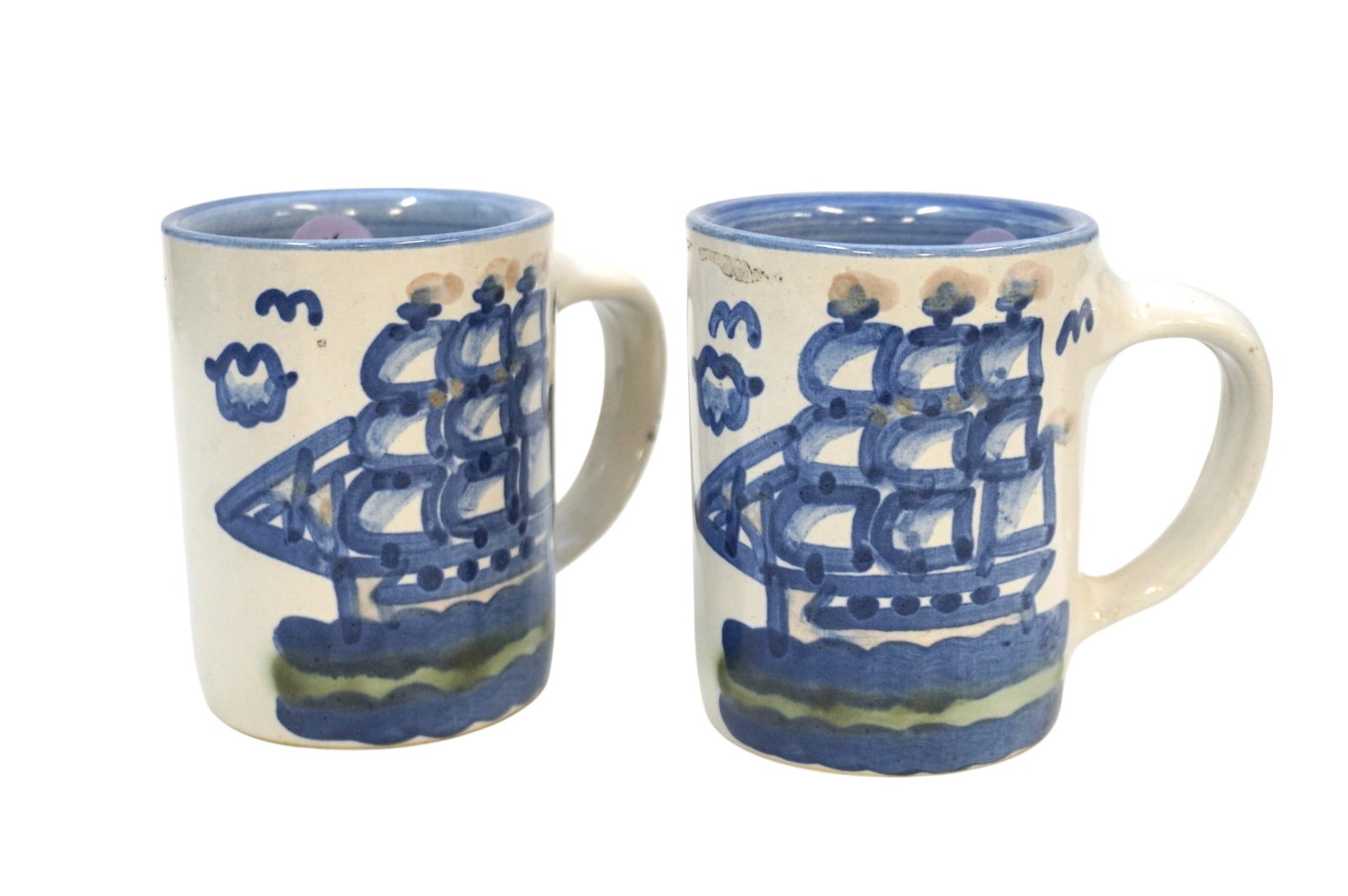 2 HAND PAINTED HADLEY MUGS "LOW TIDE": Pair hand painted Hadley Mugs. Clipper Ship "Low Tide. Each 3.75". Weight combined 1 lb 10 oz