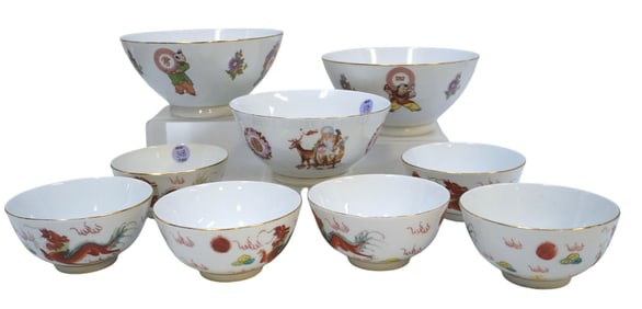 VINTAGE HAND PAINTED CHINESE RICE AND SOUP BOWLS - 9 PIECES