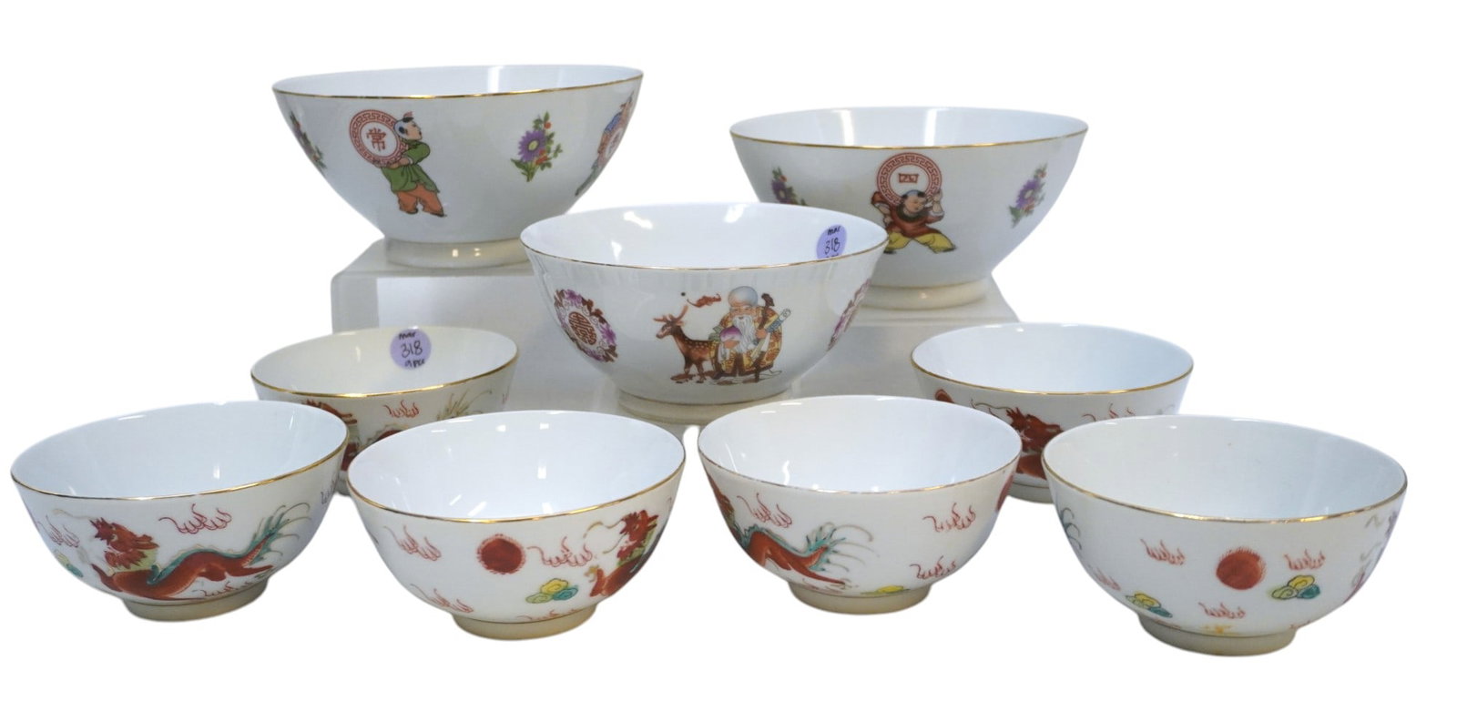 VINTAGE HAND PAINTED CHINESE RICE AND SOUP BOWLS - 9 PIECES: Vintage hand painted Chinese Rice and Soup Bowls in Various Designs/Patterns. 6 Rice bowls which measure 2.25" x 4.5" in dia. Largest soup bowl measures 3.5" x 7" in dia. Total lot weight is 5 lbs 13 