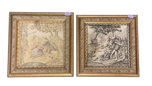 PAIR OF VINTAGE GOLD FRAMED FRENCH COURTING SCENE TAPESTRY