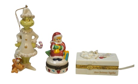MISC. CHRISTMAS PORCELAIN ORNAMENTS AND TRINKET BOXES - 3 PCS