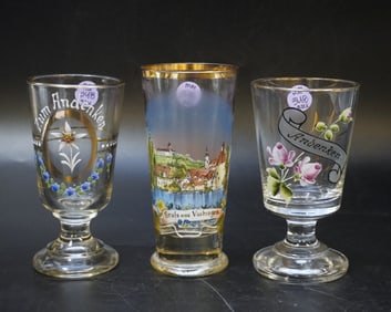 3 VINTAGE AND ANTIQUE GERMAN PAINTED SOUVENIR GLASSES