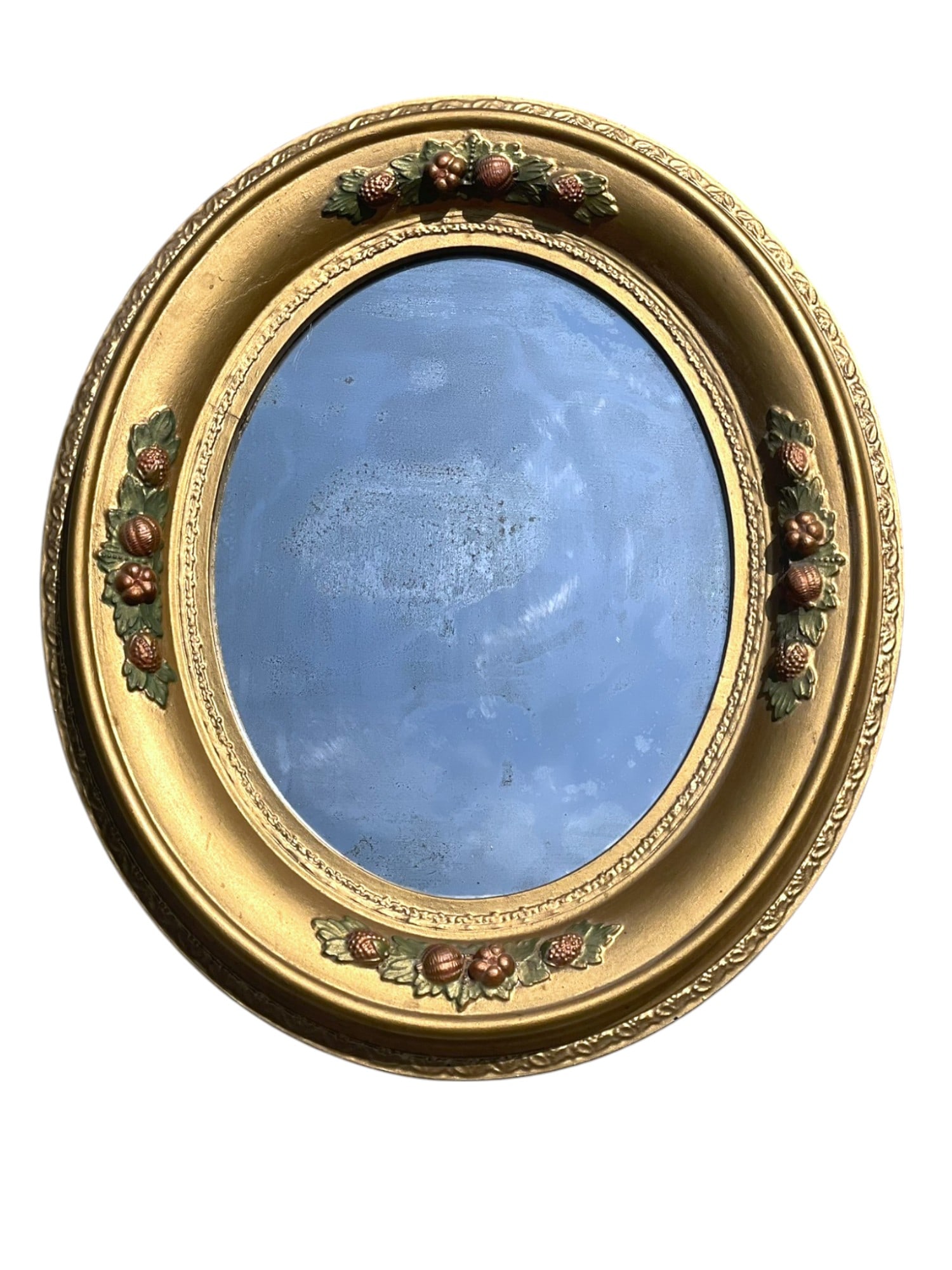 VICTORIAN-ERA GILT WOOD FRAMED OVAL MIRROR WITH POLYCHROME FLORAL DETAIL (1 of 3)