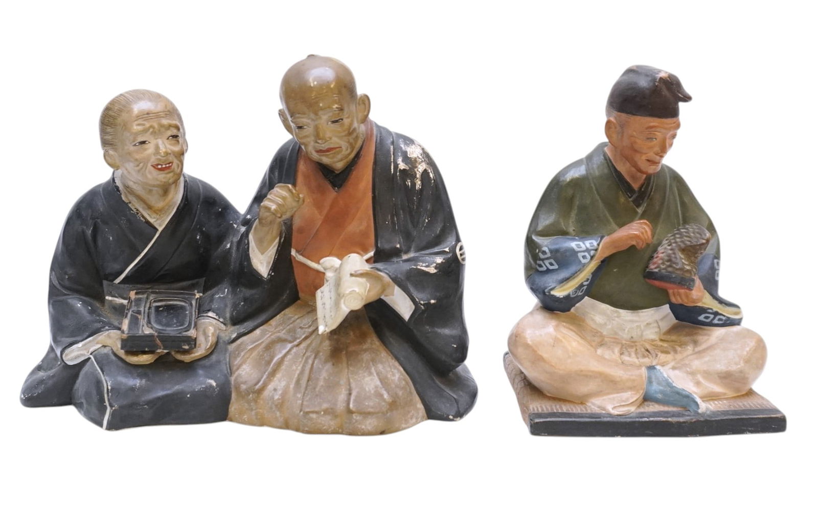 2 JAPANESE HAKATA URASAKI CLAY FIGURINES: 2 Vintage Japanese Hakata Urasaki Clay Figurines. Shoemaker 5"x4"x7" and Elderly Couple 9"x4.5"x7". Weight combined 3 lbs