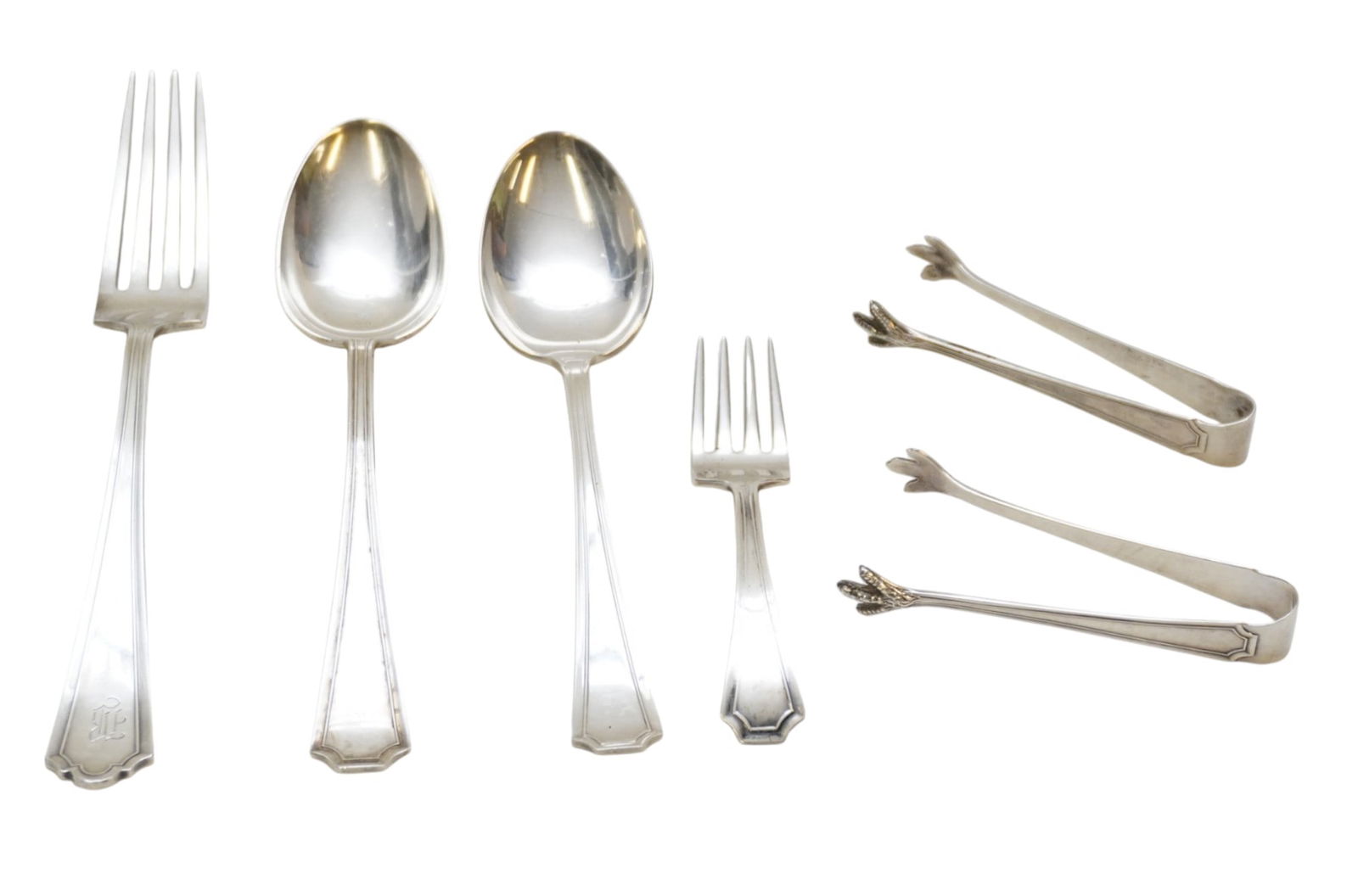 6 PC ANTIQUE STERLING SILVER TABLESPOONS - FORKS -TONGS (1 of 4)