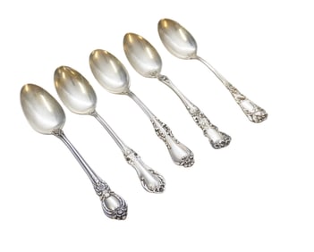 5 ANTIQUE ORNATE STERLING TEASPOONS