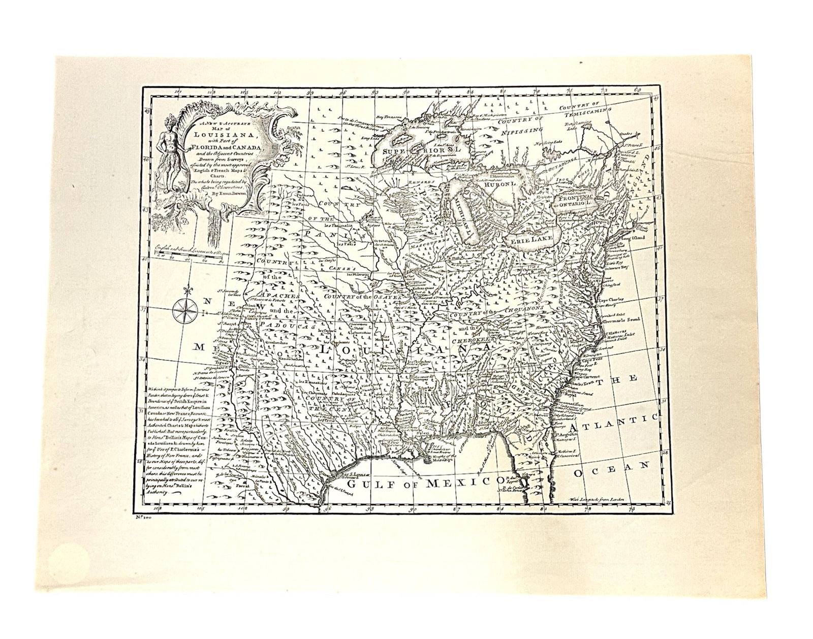 A NEW AND ACCURATE MAP OF LOUISIANA, FLORIDA AND CANADA: A new and accurate Map of Louisiana, Florida and Canada Copy on Vellum. The original was done in 1750. Unframed. Measures 21"x17". Weight 3 oz.