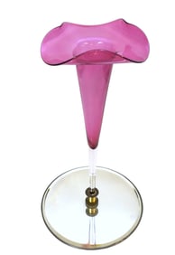 TALL 17" ART DECO BLOWN CRANBERRY GLASS VASE W/ BEVELED MIRRORED BASE