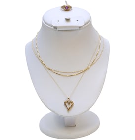 2 14k CHAIN NECKLACES & 1 14k PLATED RING & 1 10k Heart Necklace
