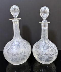 PAIR OF ANTIQUE BOHEMIAN ETCHED DECANTERS