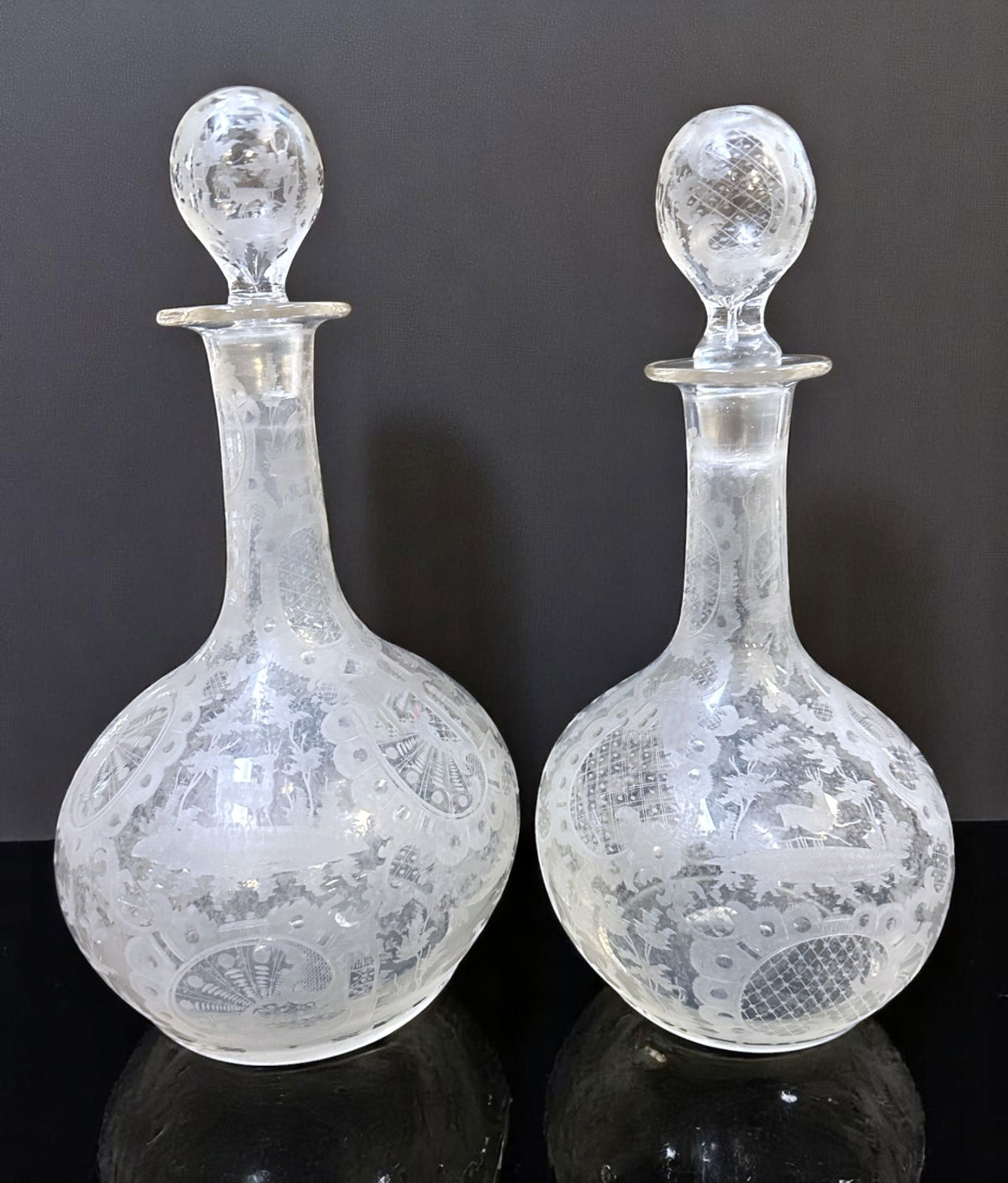 PAIR OF ANTIQUE BOHEMIAN ETCHED DECANTERS (1 of 1)