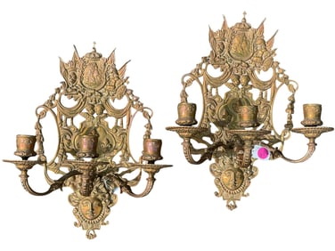 ANTIQUE FRENCH ORNATE GILDED BRONZE CANDLE SCONCES