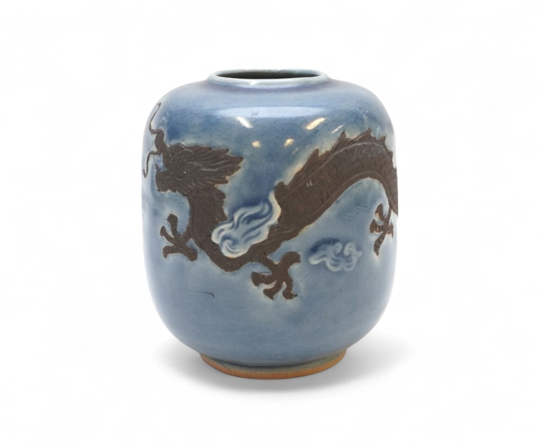 MID CENTURY THAI ART POTTERY VASE: Vintage Mid Century Thai Art Pottery Vase with Carved Terracotta Dragon. Measures 4 1/2"x4 1/2"x5". Weight 1 lb 6 oz.