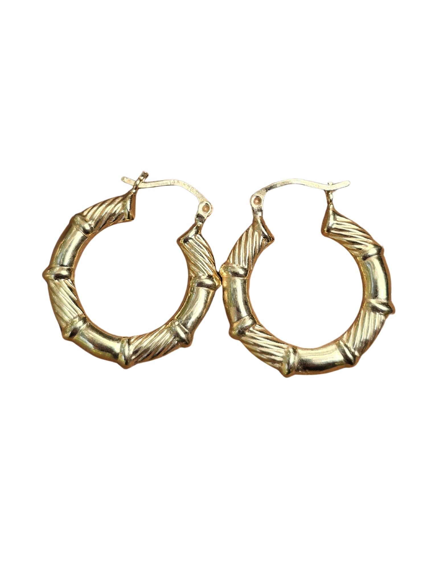14k YELLOW GOLD BAMBOO HOOP EARRINGS: 14k Yellow Gold Bamboo Hoop Earrings. 2 in diameter. Gram weight 2.33. A perfect gift for Mothers Day.