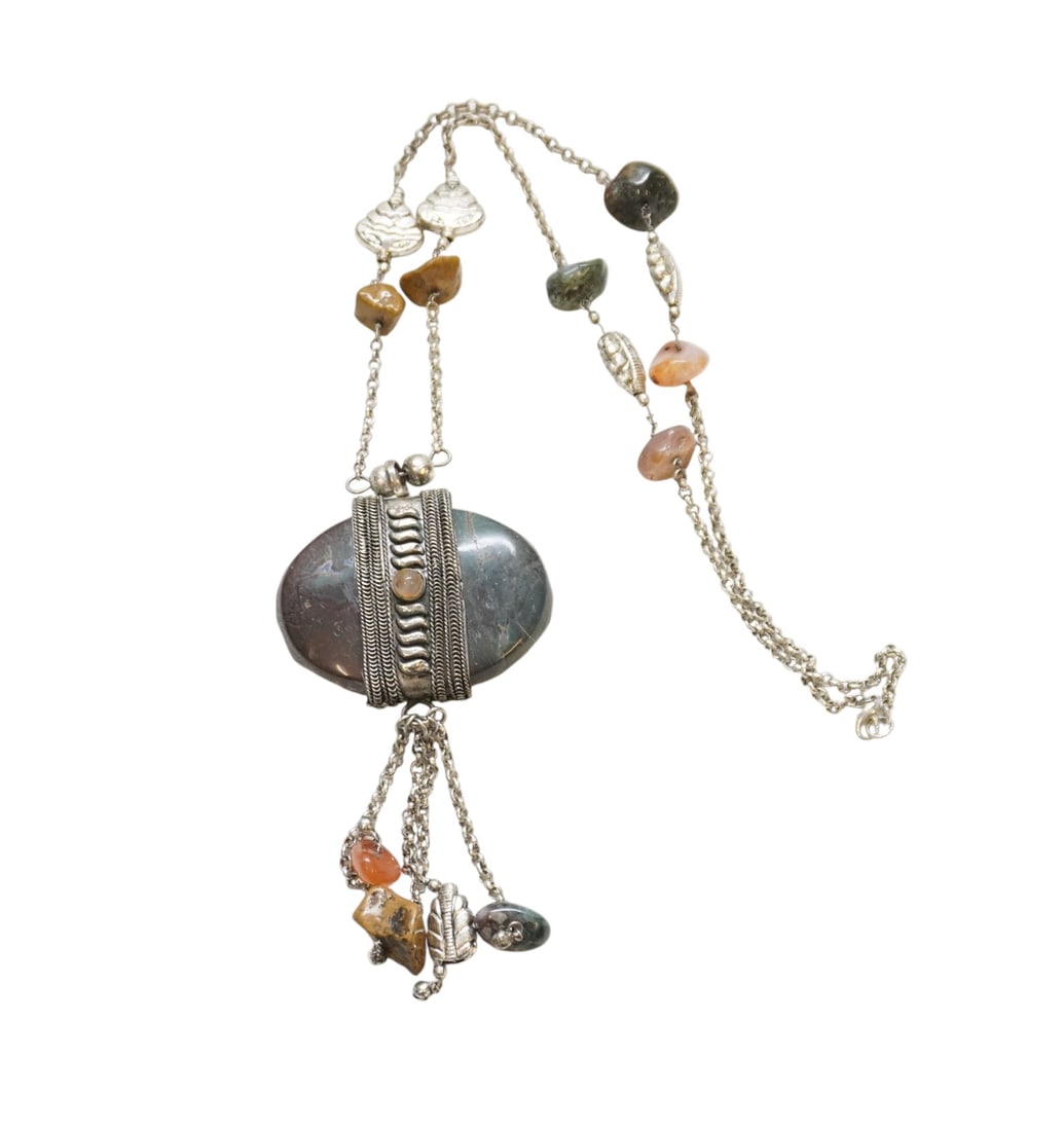 LARGE NATURAL GREEN JASPER TRIBAL NECKLACE: Large Natural Green Jasper Tribal Necklace. Pendant 3"x2.5". Chain 14". Weight 6 oz.