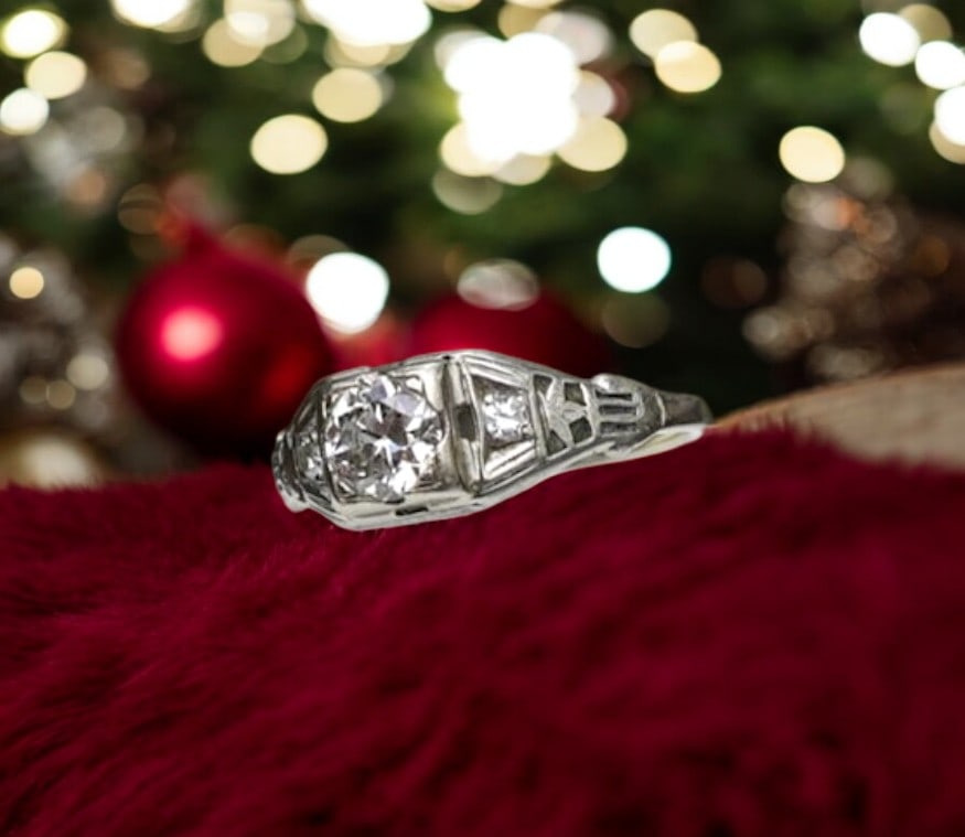 18K WHITE GOLD EUROPEAN CUT DIAMOND RING (1 of 6)