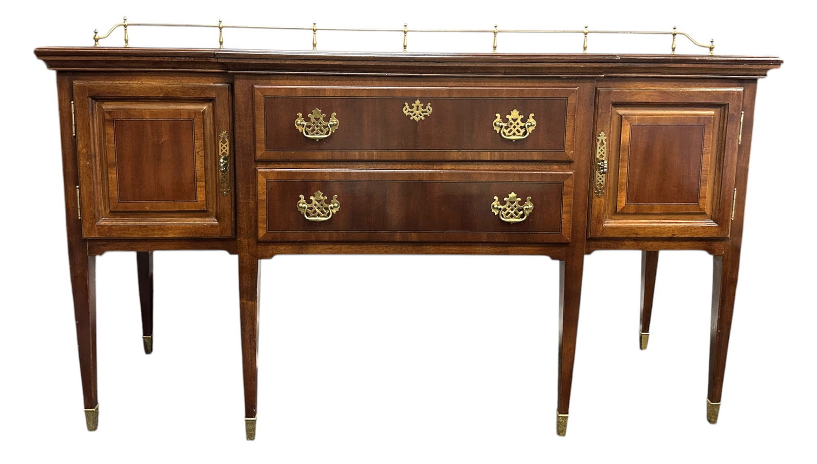 FEDERAL STYLE BANDED MAHOGANY SIDEBOARD W BRASS GALLERY: Federal Style Mahogany Banded Sideboard with Brass Gallery. 2 Drawers and 2 Cupboards. Brass hardware and brass capped feet. Measures 63" long x 23" deep and 37" high