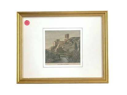 HAND COLORED ENGRAVING 1891: Antique hand colored engraving 1891 of the Castello di Venere aka the Castle of Venus in Erice, Sicily. Professionally framed. Measures 10.25" x 13" x 1" and weighs 1 lb 8 oz. Provenance: Gippy Planta