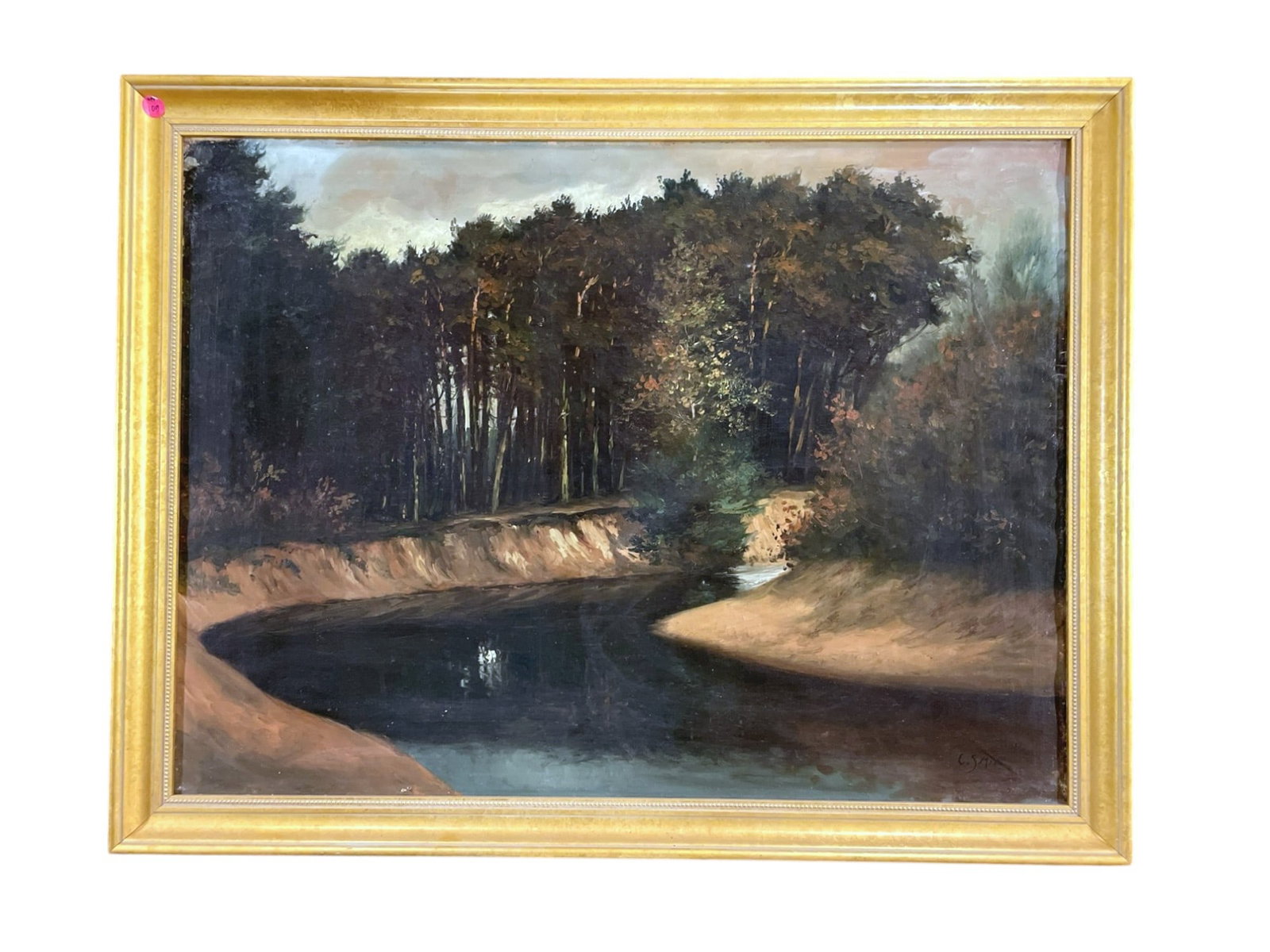 ORIGINAL C. SMIT (dutch 20th c) LANDSCAPE OIL ON CANVAS: C. Smit (Dutch, early 20th c.) Original Oil Landscape "Riverbend". Gilt wood frame. In frame measures 35" x 27" x 2", weighs 5 lbs 9 oz. Provenance: Gippy Plantation, Avenue of Oaks, Berkeley County, 