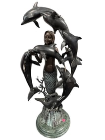 BRONZE MERMAID AND DOLPHINS ON MARBLE BASE 29"