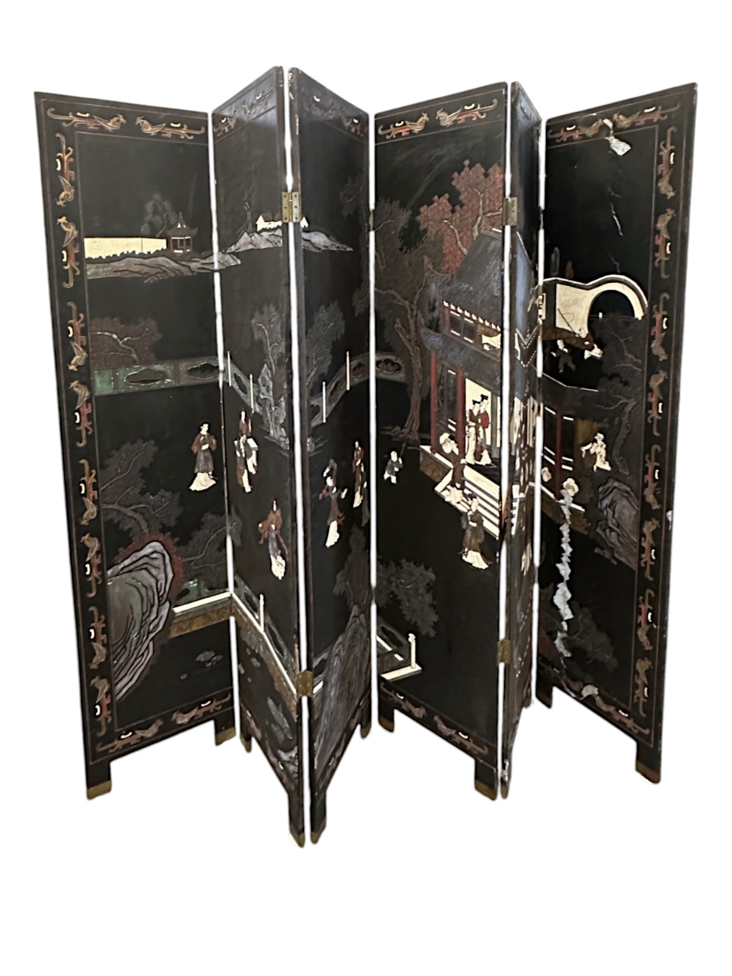 ANTIQUE 6 PANEL DOUBLE SIDED LACQUER CARVED COROMANDEL SCREEN (1 of 11)