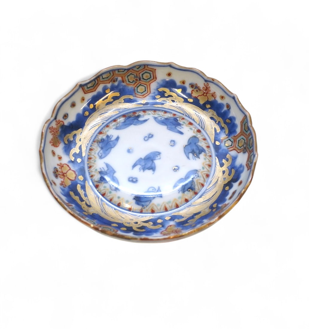 JAPANESE IMARI BOWL BLUE BIRDS: Japanese Imari Sauce Bowl Blue Birds. Meiji period, around 1880-1900. Measures 4.5"x4.5"x1". 5 oz