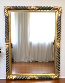 LARGE CARVED NEOCLASSICAL BLACK & GILT MIRROR 63"