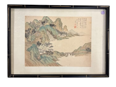 QING DYNASTY LANDSCAPE PAINTING CALLIGRAPHY WITH RED WAX SEAL