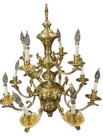 LARGE VINTAGE SOLID BRASS 12 ARM CHANDELIER