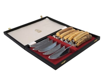 KIRK AND MATZ SHEFFIELD ENGLAND ANTLER HANDLE KNIFE SET - 6 PIECES