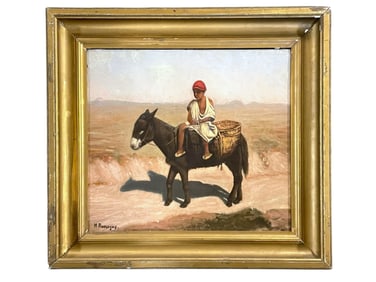 19th c ORIENTALIST BOY ON DONKEY OIL ON BOARD