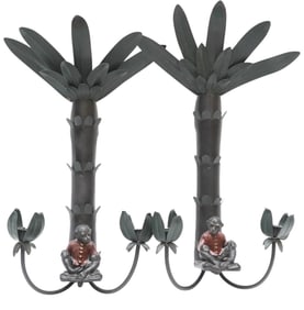 PAIR OF 20" METAL AND CAST IRON TOLE PALM TREE AND MONKEY WALL CANDELABRAS