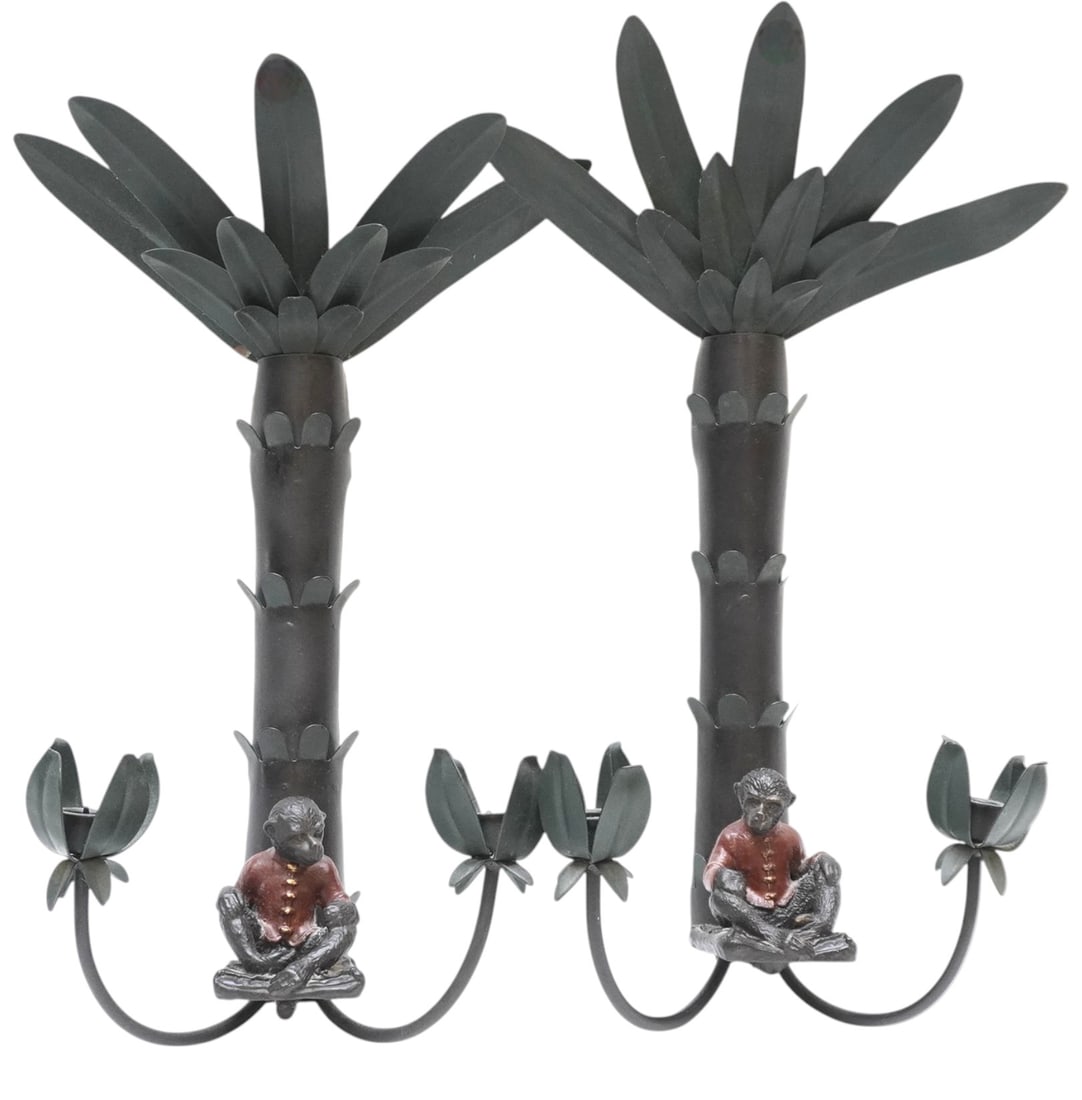 PAIR OF 20" METAL AND CAST IRON TOLE PALM TREE AND MONKEY WALL CANDELABRAS (1 of 5)