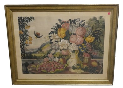 ANTIQUE CURRIER & IVES 1862 LANDSCAPE FRUIT & FLOWERS