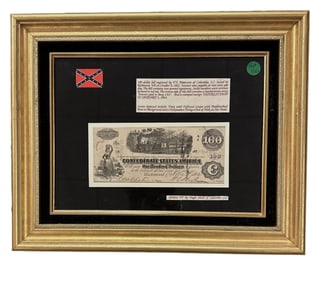 CONFEDERATE 100 DOLLAR NOTE 1862 FRAMED
