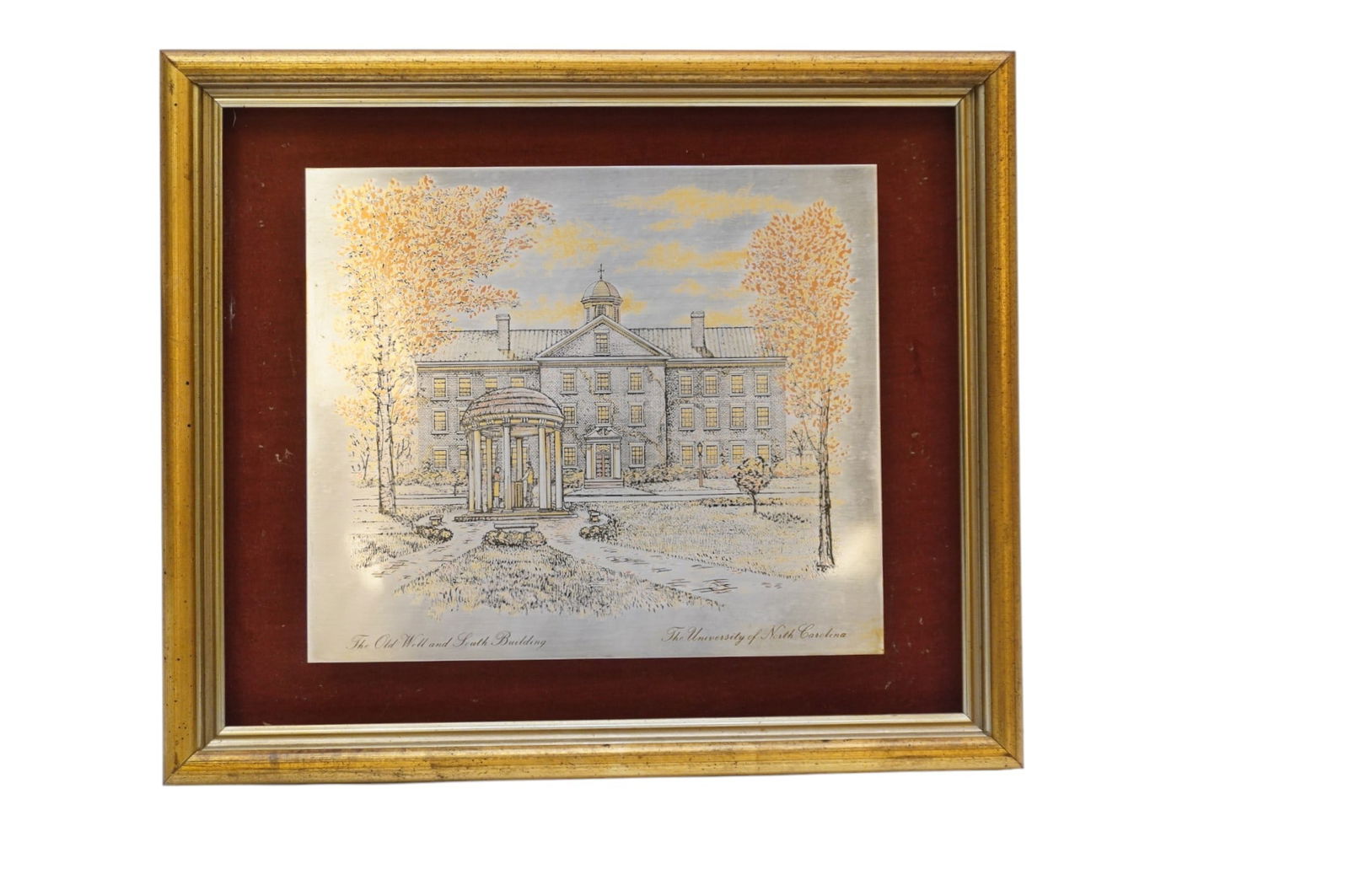 UNC REED & BARTON DAMASCENE ETCHING: Old Well, UNC Limited Edition Damascene Etching No. 271 produced by Reed & Barton in silver, OLD 24kt. gold vermeil. copper and bronze. Artwork depicts14.5" x 1"x 12", weighs 3 lbs 5 oz.