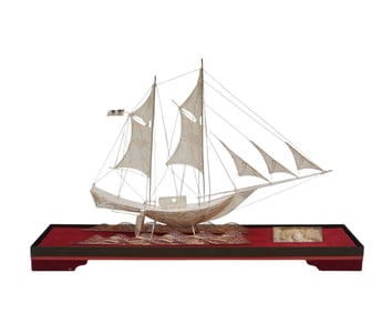 SILVER MASTED CUTTER FILIGREE SHIP IN DISPLAY CASE