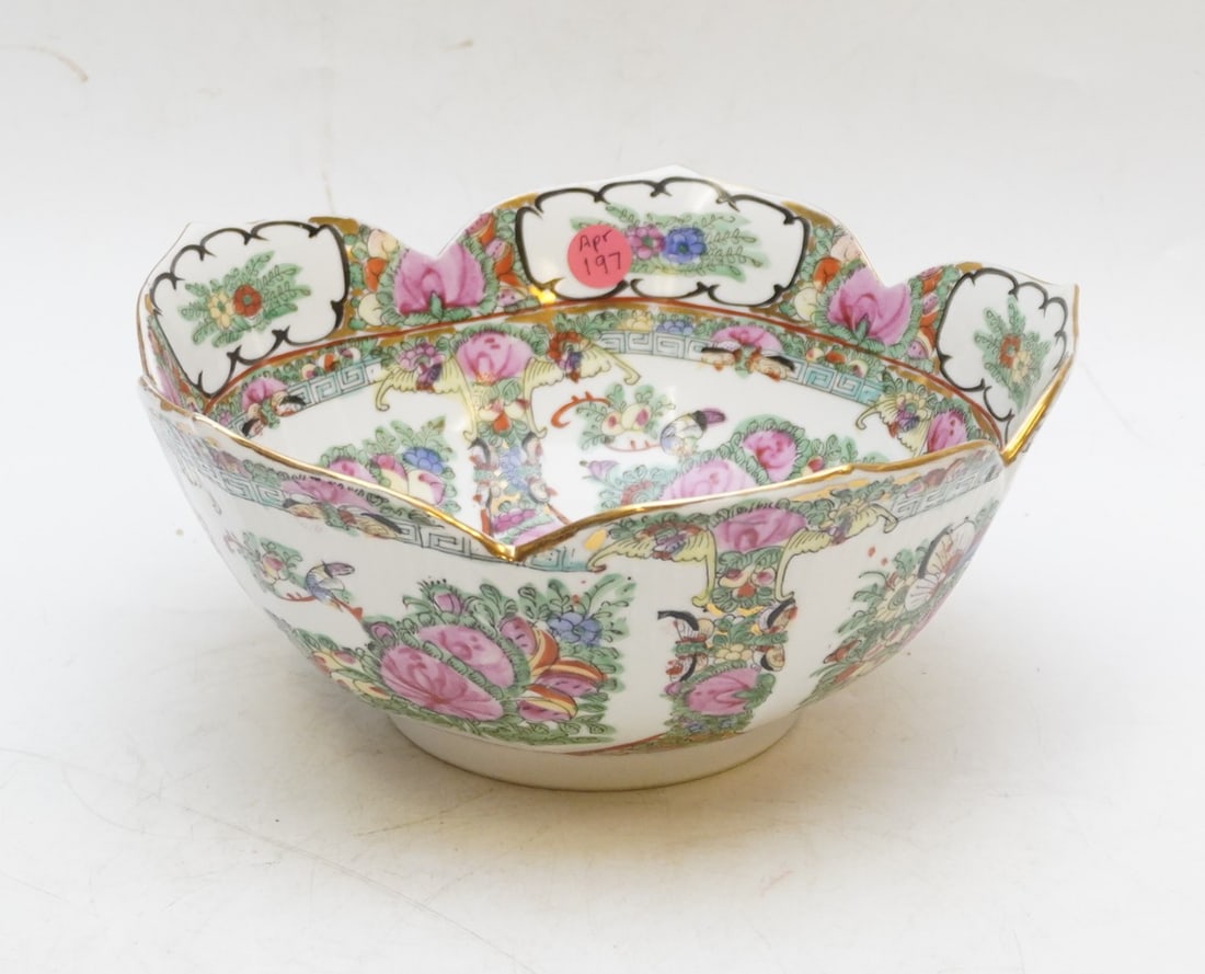 ROSE MEDALLION SCALLOPED PORCELAIN BOWL: Vintage Rose Medallion Scalloped Porcelain Bowl. Hand Painted and decorated in Hong Kong. Measures 10"x10"x4 1/2". Weight 3 lbs.