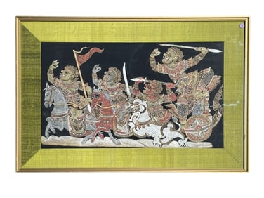 MID CENTURY THAI WARRIORS HAND PAINTED ON SILK