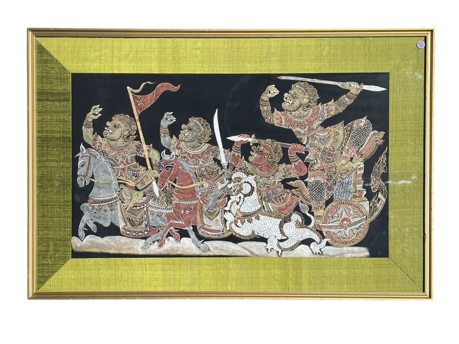 MID CENTURY THAI WARRIORS HAND PAINTED ON SILK (1 of 3)