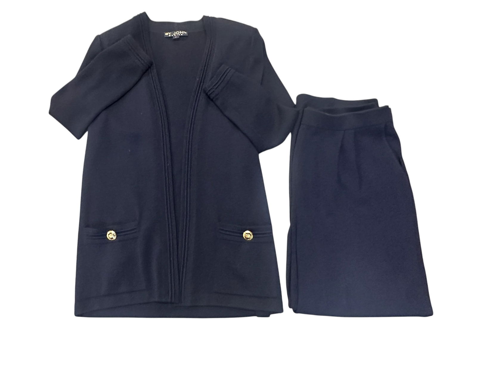 VINTAGE ST.JOHN BASICS NAVY SANTANA KNIT OPEN FRONT KNIT CARDIGAN AND PANTS (1 of 4)