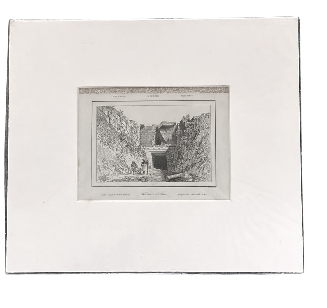 ANTIQUE 1869 STEEL ENGRAVING TOMB OF AGAMEMNON: Antique rare 1869 Steel Engraving "Tomb of Agamemnon". In matting measures 12" x 10.5" and weighs 3.2 oz.