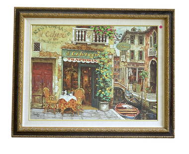 VIKTOR SHVAIKO LIMITED EDITION ENHANCED GICLEE ON CANVAS: Viktor Shvaiko Limited Edition Hand Enhanced Giclee. French Cafe in Alsace. Signed by the Artist. Number 61 of 230. In frame measures 28.5"x35"x1.25". Weight 14 lbs. Russian Artist: Viktor Shvaiko Bor